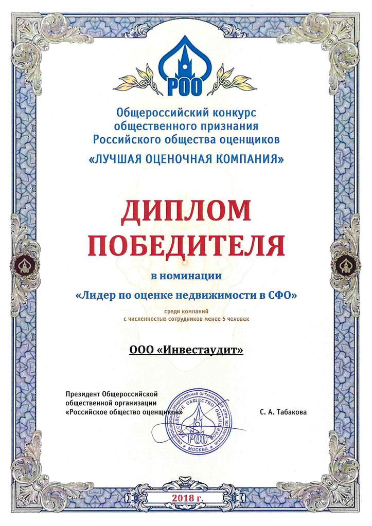 Сертификат победителя РОО "Инвестаудит 2018"